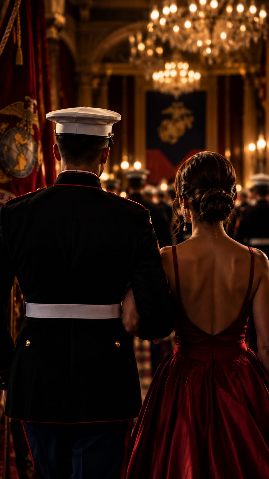 A Marine in dress blues and his date walking into the ballroom